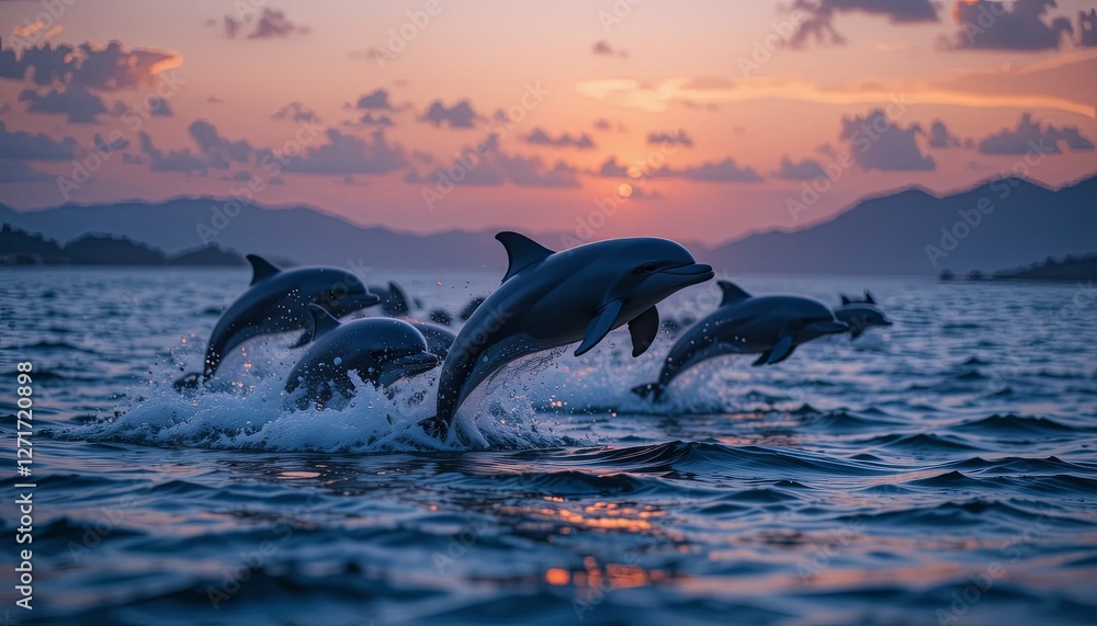Fototapeta premium Dolphins leaping at sunset ocean wildlife photography natural environment side view freedom