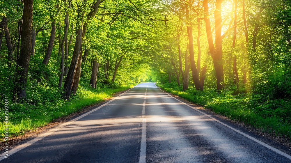 Fototapeta premium Sunlit Road Through Lush Green Summer Forest