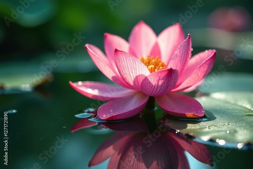 Wallpaper Mural A Delicate Pink Water Lily Reflecting on Still Water, Its Petals Glistening with Morning Dew, a Symbol of Serenity and Tranquility Torontodigital.ca