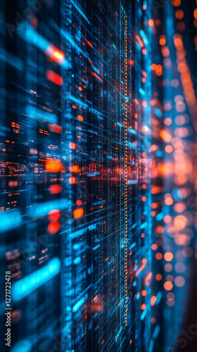 Big data stream flowing on computer screen with blue and orange bokeh effect, information technology concept