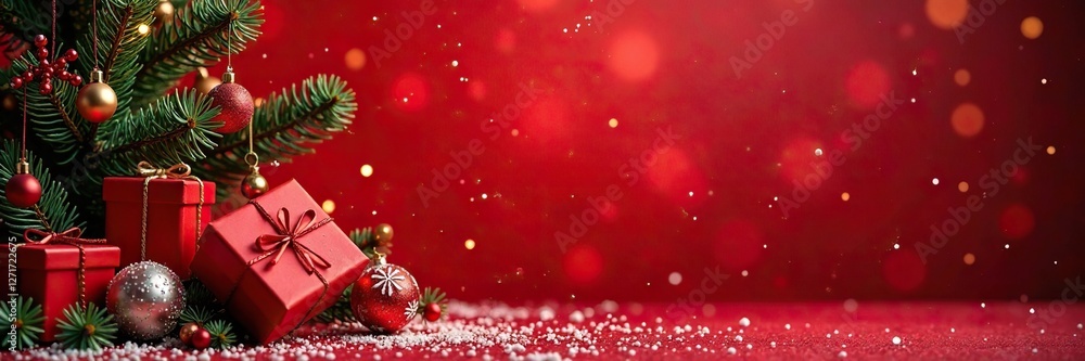 Fir tree branches with red gift boxes and snowflakes on a warm red background, warm colors, festive atmosphere, snowflakes Fir tree branches with red gift boxes and snowflakes on a warm red background, warm colors, festive atmosphere, snowflakes