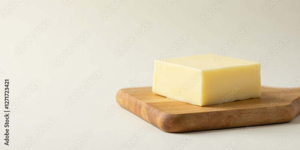 A block of pale yellow dairy product rests on a light brown wooden cutting board against a bright off-white background A block of pale yellow dairy product rests on a light brown wooden cutting board against a bright off-white background