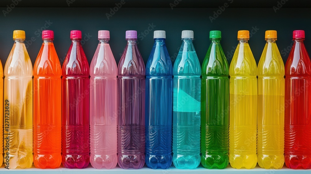 A row of colorful plastic bottles filled with various beverages, arranged neatly on a shelf. A row of colorful plastic bottles filled with various beverages, arranged neatly on a shelf.