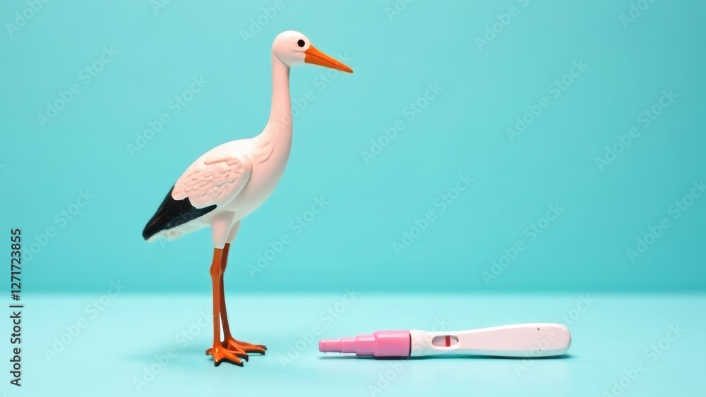 Obraz premium Stork figurine near negative pregnancy test, pastel background, copy space. Reproduction, conception, infertility treatment.