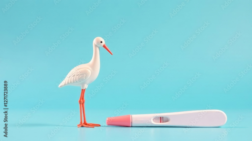 Stork figurine near positive pregnancy test, pastel background, copy space. Reproduction, conception, infertility treatment. Stork figurine near positive pregnancy test, pastel background, copy space. Reproduction, conception, infertility treatment.