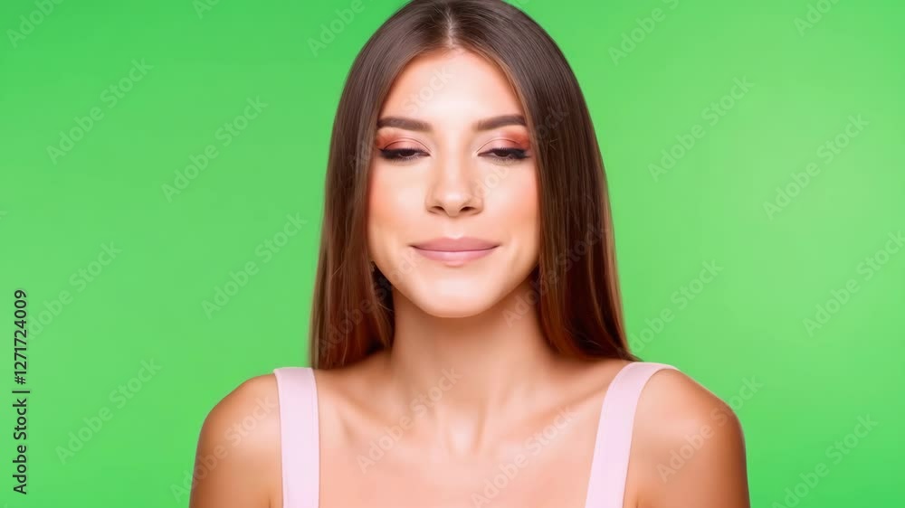 Happy woman on green screen background. Girl portrait with confident, pride, laughing. Female smiley positive face with natural beauty. Fashion and happiness. Pretty student girl on studio chroma key. Happy woman on green screen background. Girl portrait with confident, pride, laughing. Female smiley positive face with natural beauty. Fashion and happiness. Pretty student girl on studio chroma key.