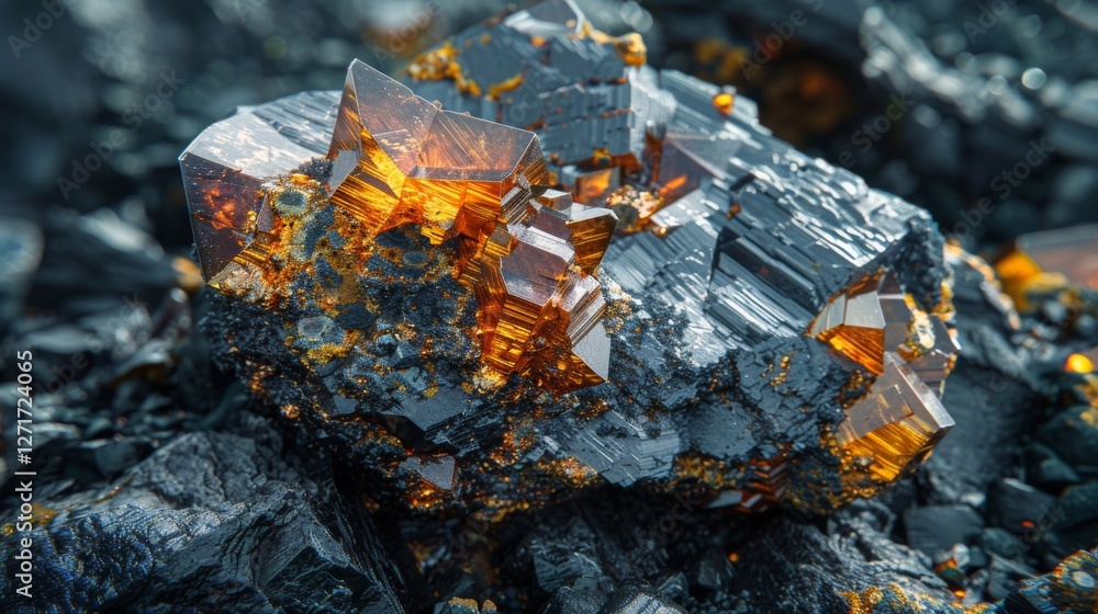 Unique formation of sharp black and orange minerals, showcasing intricate crystal structures in a natural environment, illuminated by sunlight. Unique formation of sharp black and orange minerals, showcasing intricate crystal structures in a natural environment, illuminated by sunlight.