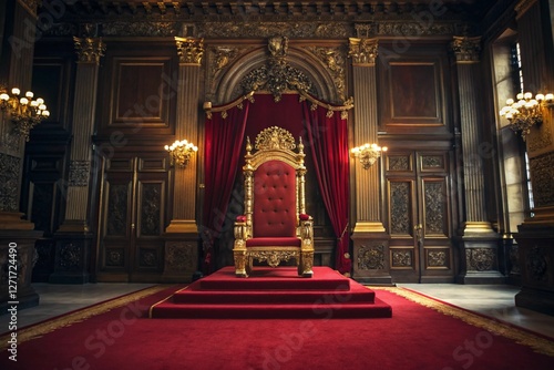 dramatic lighting on an intricate gold and red royal throne
