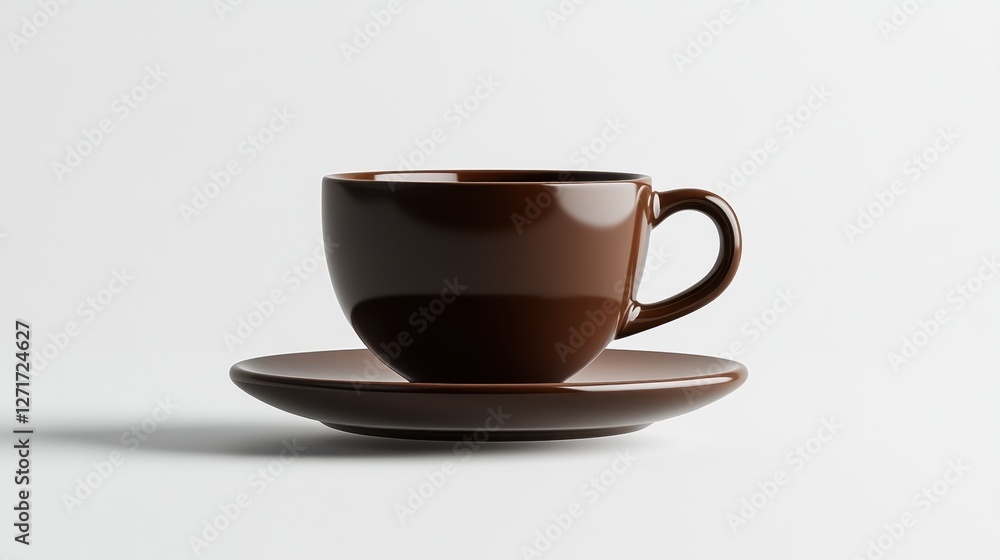 Brown ceramic cup and saucer placed on a plain white background for food and beverage photography Brown ceramic cup and saucer placed on a plain white background for food and beverage photography