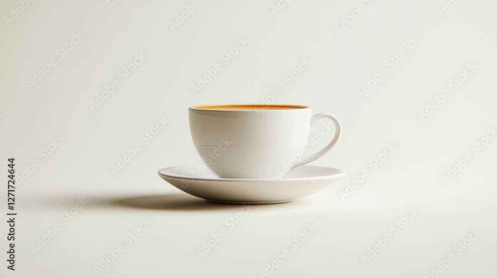 Obraz premium Cup of coffee on a white background with steam rising from the surface in a minimalistic setting