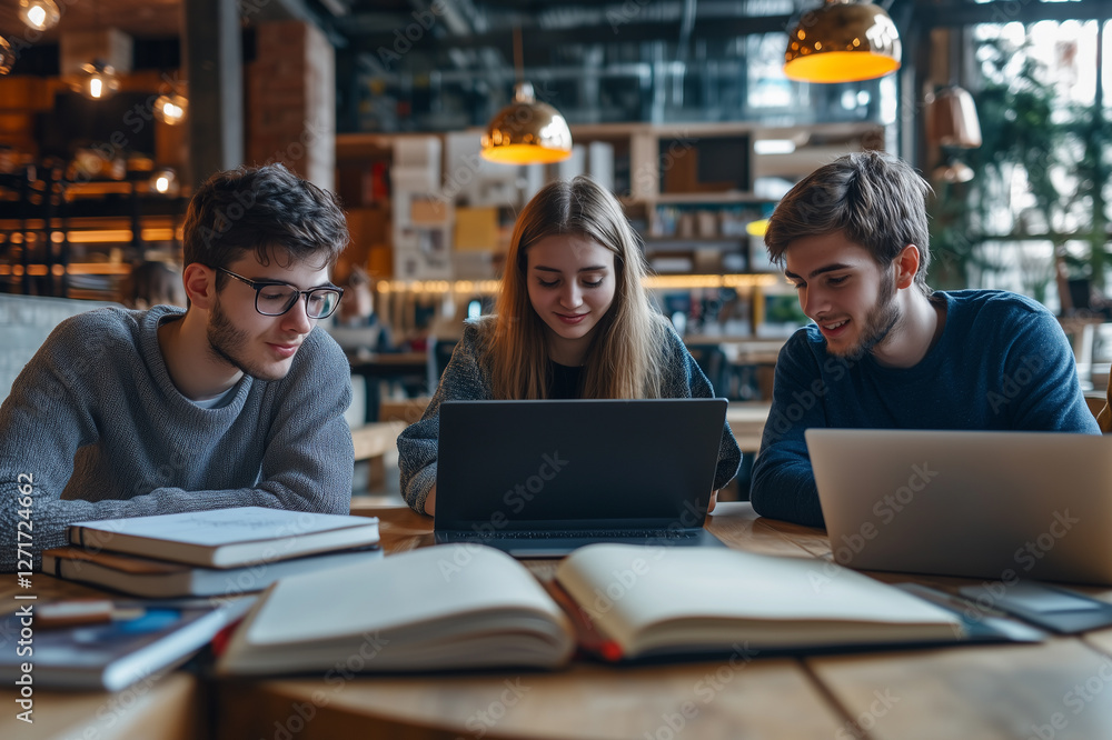 College classmates collaborating on a project together in a modern study space College classmates collaborating on a project together in a modern study space