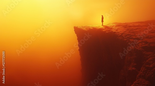 Exploring the edge of existence a lone figure on a cliff at sunset landscape photography ethereal environment