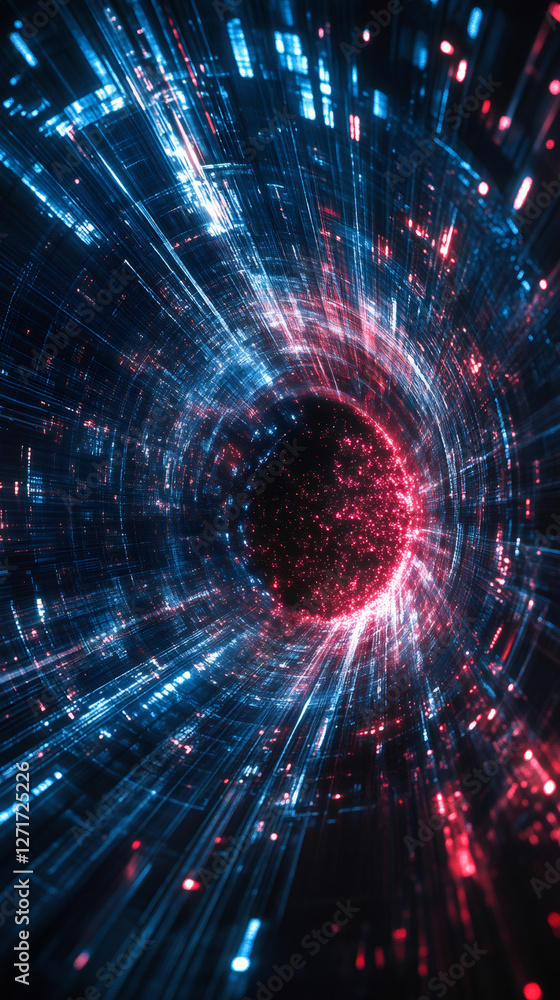 Obraz premium Abstract digital tunnel effect with binary code and particles, representing data streaming through cyberspace