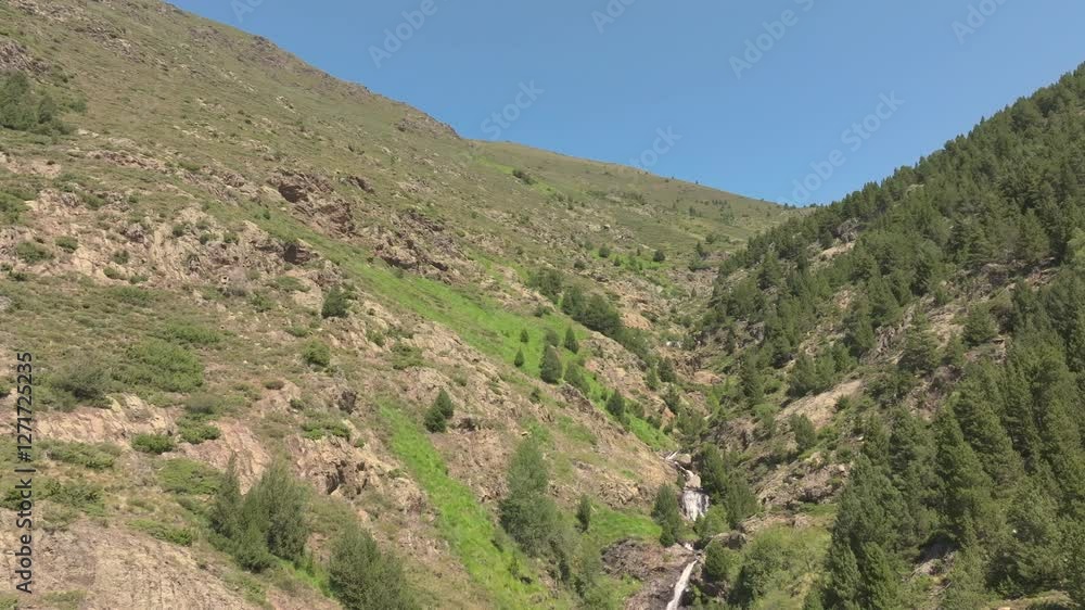 Aerial: Bridge on a mountainside in the Pyrenees in France Aerial: Bridge on a mountainside in the Pyrenees in France