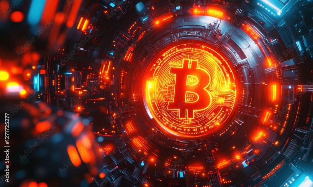 Fototapeta premium Bitcoin cryptocurrency in futuristic tunnel; digital finance concept; tech background; website banner