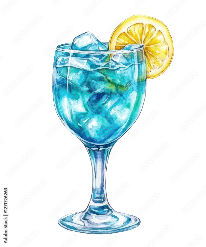 Blue Lagoon PNG cocktail with ice cubes. Watercolor illustration of a tropical drink in a glass. Blue Lagoon PNG cocktail with ice cubes. Watercolor illustration of a tropical drink in a glass.