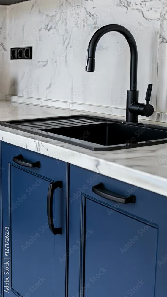 Stylish blue cabinets complement a sleek black faucet in a contemporary kitchen design, enhancing the modern aesthetic and functionality Stylish blue cabinets complement a sleek black faucet in a contemporary kitchen design, enhancing the modern aesthetic and functionality