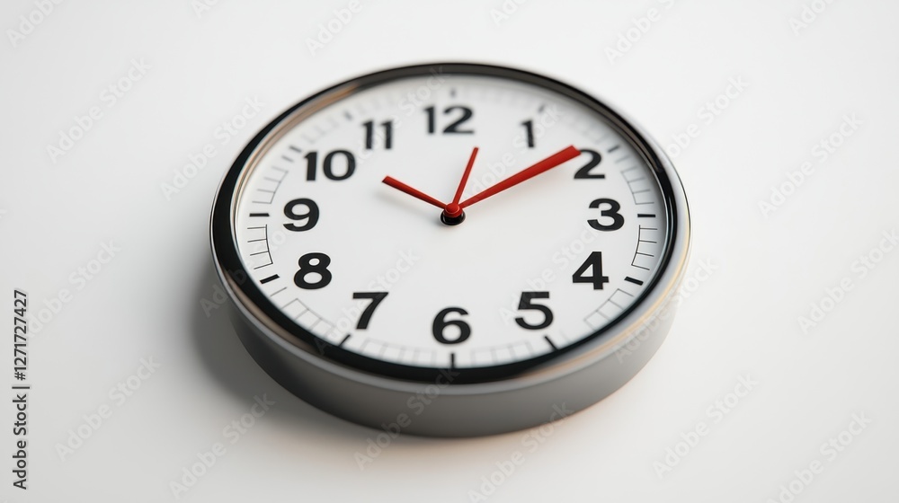 Clock with red hands positioned on a clean white surface displaying time clearly Clock with red hands positioned on a clean white surface displaying time clearly