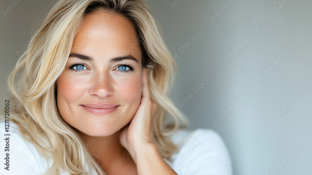 Fototapeta premium Portrait of a Smiling Mature Blonde Woman in Her 40s or 50s, Beauty and Confidence in Middle Age, Skincare, Lifestyle and Natural Cosmetics Concept with Copy Space. 