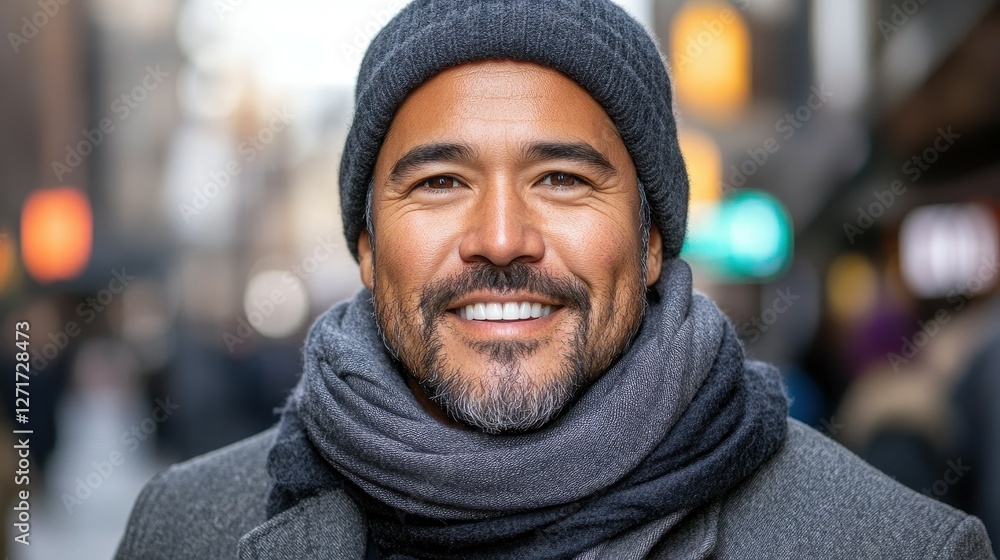 Fototapeta premium A man wearing a black hat and scarf is smiling. He is surrounded by people, some of whom are also smiling. The scene has a warm and friendly atmosphere