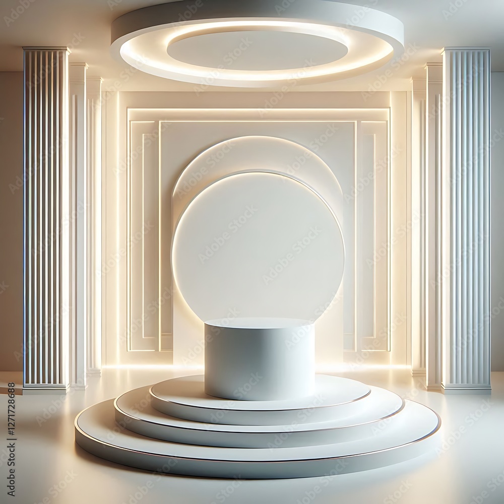 White Realistic 3D Cylinder steps pedestal podium set with shadow and lighting. minimal scene for products showcase and promotion display White Realistic 3D Cylinder steps pedestal podium set with shadow and lighting. minimal scene for products showcase and promotion display