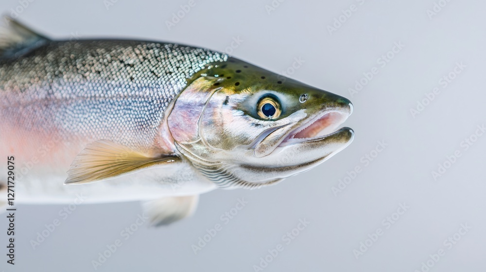 Fresh salmon close-up, studio shot, white background, healthy seafood Fresh salmon close-up, studio shot, white background, healthy seafood