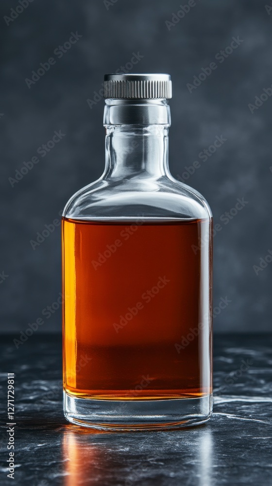 Frosted Glass Bottle with Whiskey on Dark Background Frosted Glass Bottle with Whiskey on Dark Background