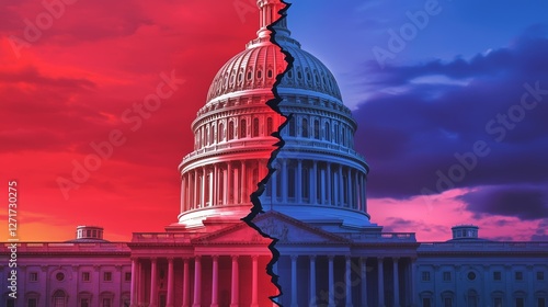 A fractured Capitol building sits illuminated by bold red and blue light, its split structure embodying the challenges of bridging ideological gaps in governance.