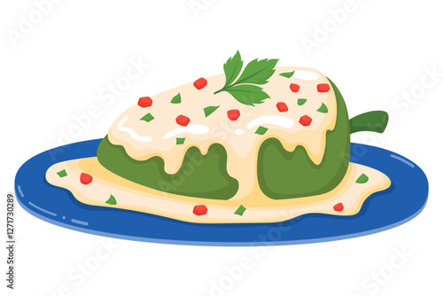 Chiles en Nogada - Traditional Mexican Stuffed Poblano Pepper with Creamy Walnut Sauce, Garnished with Pomegranate and Parsley. Mexican Cuisine Illustration for Menus, Food Blogs and Recipe Designs