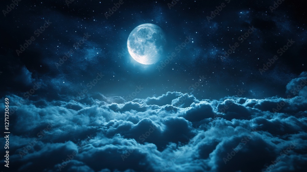 Full moon shining brightly in a night sky filled with clouds and stars above the horizon Full moon shining brightly in a night sky filled with clouds and stars above the horizon