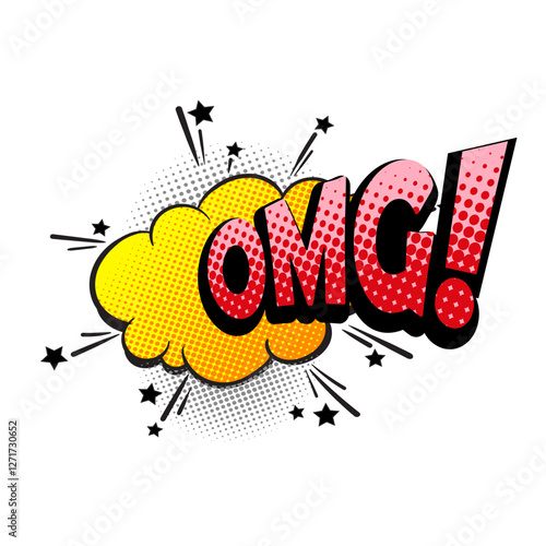 Pop art comic book speech bubble with cute vintage strip layout, explosion cloud message, with text OMG