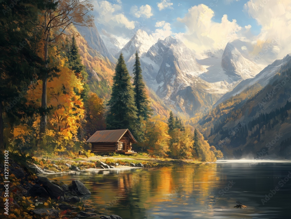Fototapeta premium Hidden cabin by a mountain lake in autumn colors.