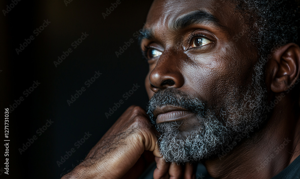 A contemplative man with a textured beard gazes thoughtfully, set against a dark background. A contemplative man with a textured beard gazes thoughtfully, set against a dark background.