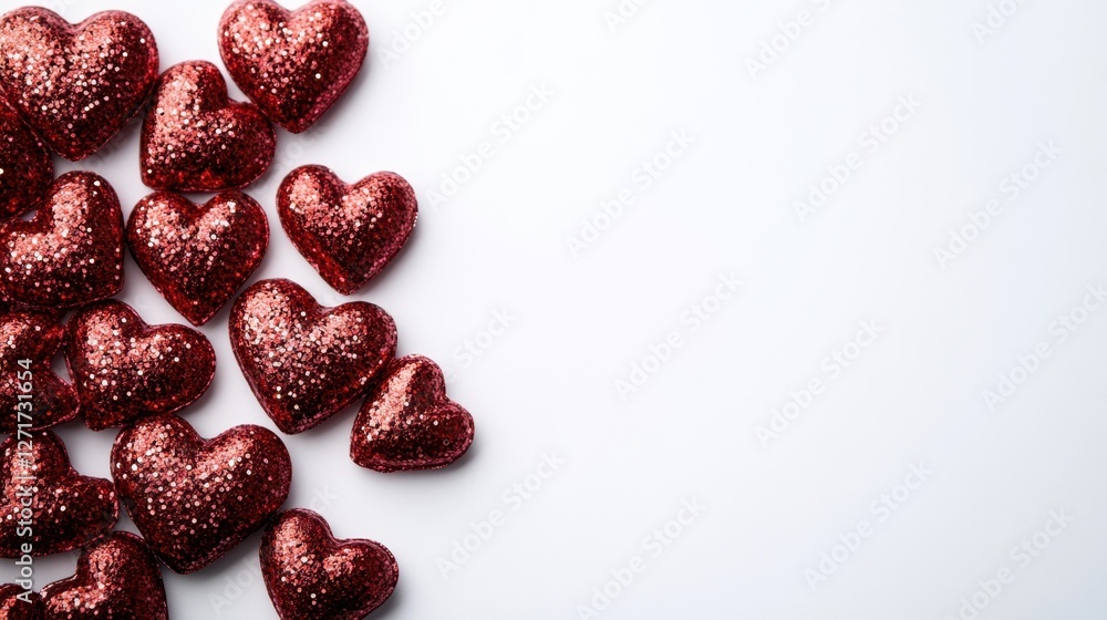 Red glitter hearts scattered on a white background for decoration and design purposes