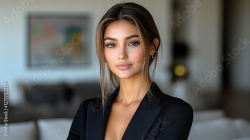 A woman in a black dress is standing in front of a white couch. She has a serious expression on her face Free Download A woman in a black dress is standing in front of a white couch. She has a serious expression on her face - GFXLoad