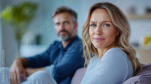 Mature Couple Quarrelling, Sitting on Sofa in Silence, Offended Angry People, Struggling in Their Marriage with Tension and Disagreement.