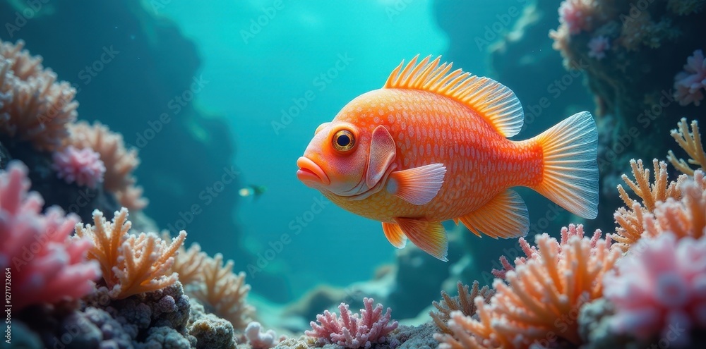 A vibrant orange fish gracefully swims amidst a coral reef, its scales shimmering in the underwater sunlight, surrounded by delicate pink and orange coral formations. A vibrant orange fish gracefully swims amidst a coral reef, its scales shimmering in the underwater sunlight, surrounded by delicate pink and orange coral formations.