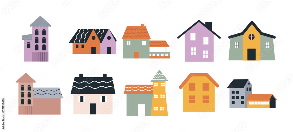 Various small tiny houses, trees and mountains. Paper cut style. Flat design. Hand drawn trendy illustration. Big colored vector set. Various small tiny houses, trees and mountains. Paper cut style. Flat design. Hand drawn trendy illustration. Big colored vector set.
