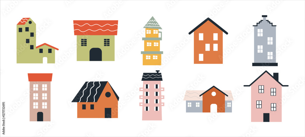 Various small tiny houses, trees and mountains. Paper cut style. Flat design. Hand drawn trendy illustration. Big colored vector set. Various small tiny houses, trees and mountains. Paper cut style. Flat design. Hand drawn trendy illustration. Big colored vector set.