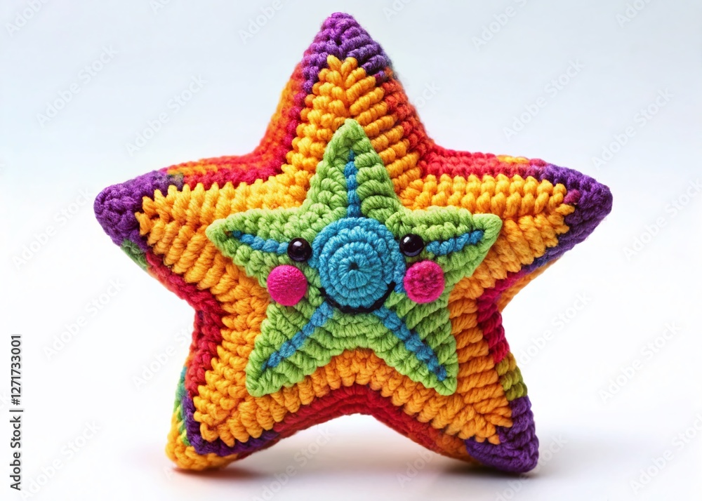 Obraz premium Crochet Star Emoji, White Background, Detailed Craft, Handmade, Winter Holiday Texture