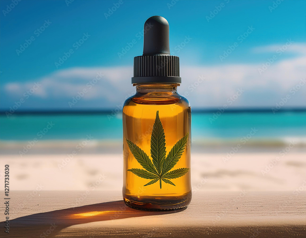 A small amber glass dropper bottle with a cannabis leaf label sits on a wooden surface, with a tropical beach and ocean in the background. A small amber glass dropper bottle with a cannabis leaf label sits on a wooden surface, with a tropical beach and ocean in the background.