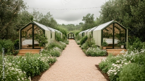 Wallpaper Mural Charming garden pathway lined with luxury greenhouse accommodations nestled among lush greenery and blooming flowers Torontodigital.ca
