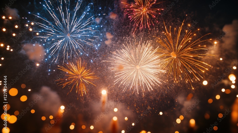 Fototapeta premium Colorful fireworks display lighting up the night sky in vibrant bursts of light and color