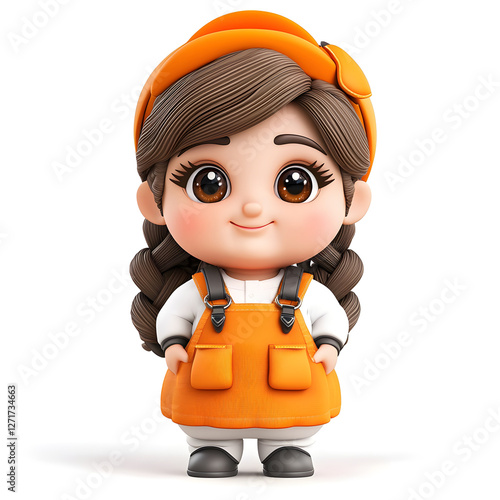 A cartoon girl wearing an orange apron and a yellow hat