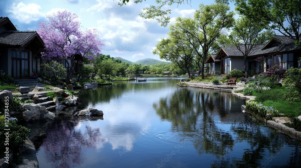Fototapeta premium Tranquil riverside village retreat scenic riverbank nature photography serene environment wide angle peaceful concept