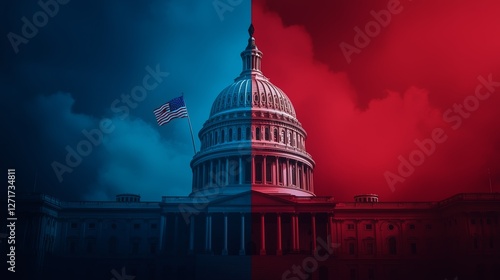 The Capitol, divided sharply into red and blue, stands as a powerful visual of opposing forces, with the American flag fluttering in silent hope for reconciliation.