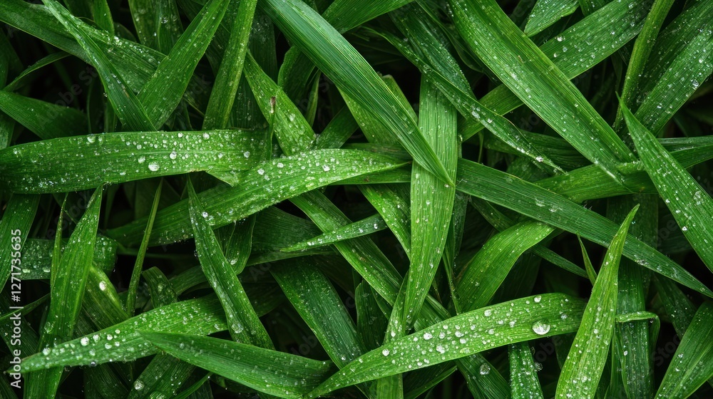 A close-up shot of dew-drenched grass emphasizes the beauty of newly cut grass A close-up shot of dew-drenched grass emphasizes the beauty of newly cut grass