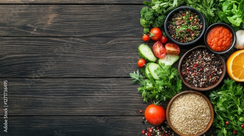 A vibrant arrangement of fresh vegetables, herbs, spices, and grains on a rustic wooden surface, showcasing healthy cooking ingredients.