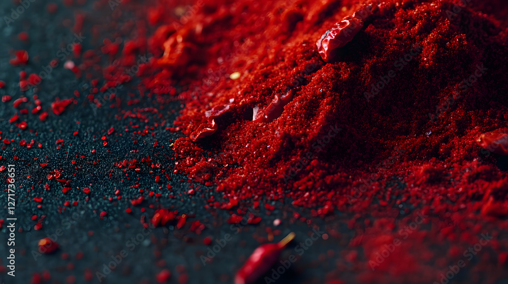 Bright red cayenne pepper powder on a dark surface, capturing the richness and intensity of the spice. Bright red cayenne pepper powder on a dark surface, capturing the richness and intensity of the spice.