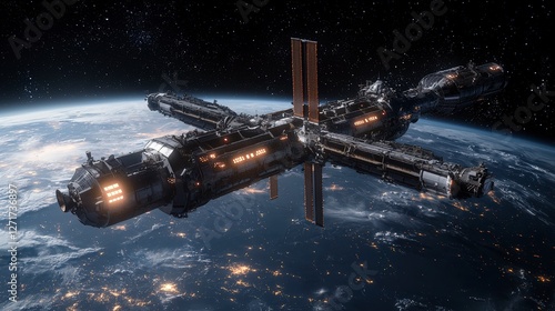 Fototapeta Naklejka Na Ścianę i Meble -  Aerial adventure exploring a tranquil science hub in a futuristic space station orbiting earth